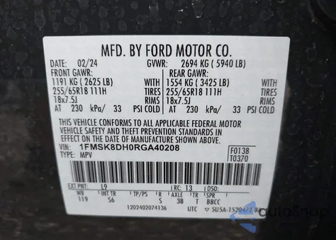 2024 Ford Explorer Xlt z USA, uszkodzony, nr VIN 1FMSK8DH0RGA40208